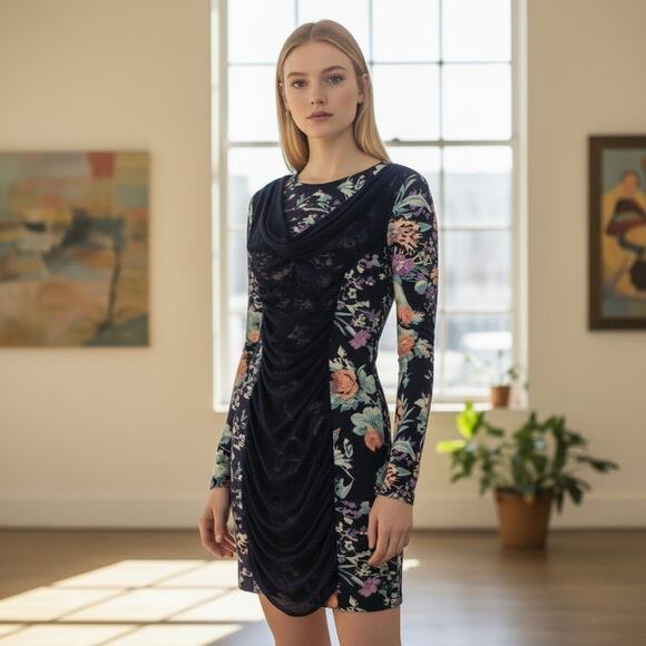 ZIMMERMANN Dresses & Skirts - Zimmermann Navy Silk Shift Dress Sheer Overlay Floral Zip Back Sz 2